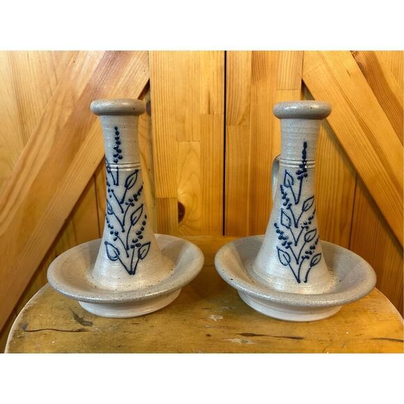 Ethan Allen Salt Glaze Candlestick Holders 7” Tall  Blue Made In USA (8580) - Picture 1 of 7